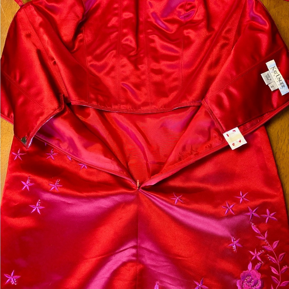 Kay Unger Red Satin Cocktail Strapless Dress Embroidered Beaded Fuchsia 2P - Picture 9 of 11